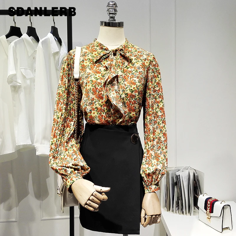 

Женская винтажная рубашка в стиле ретро, блузка с длинным рукавом-фонариком и бантом, с цветочным принтом, лето 2021