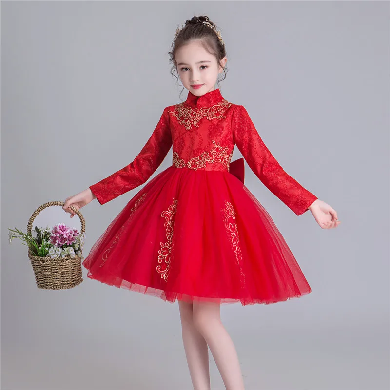 Платье для девочек красное платье принцессы с цветочным узором осенне-зимняя