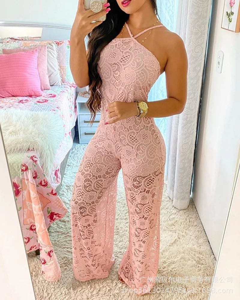 

Donsignet 2021 New Fashion Solid Spaghetti Strap Lace Slit Jumpsuit Women Elegance Women One Piece Outfits