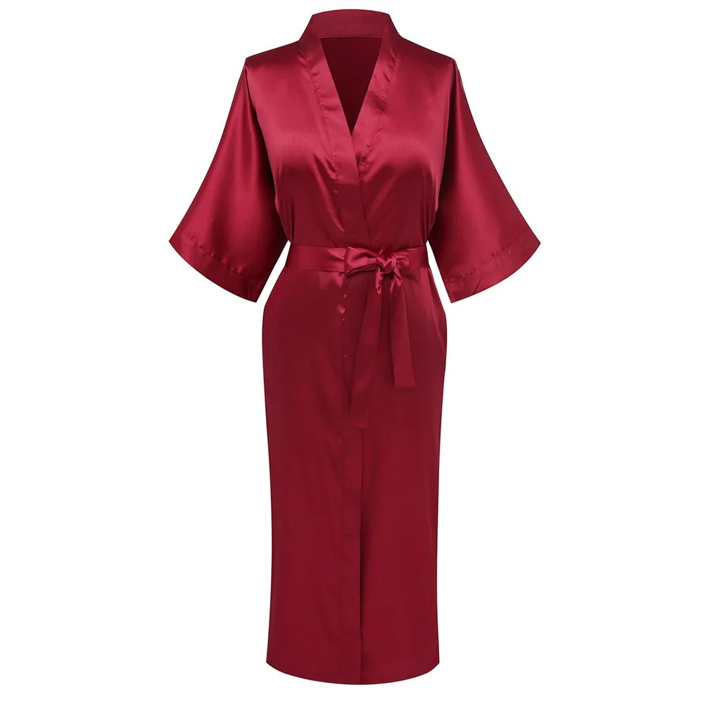 Женский Атласный халат кимоно Длинная атласная пижама бордового цвета с