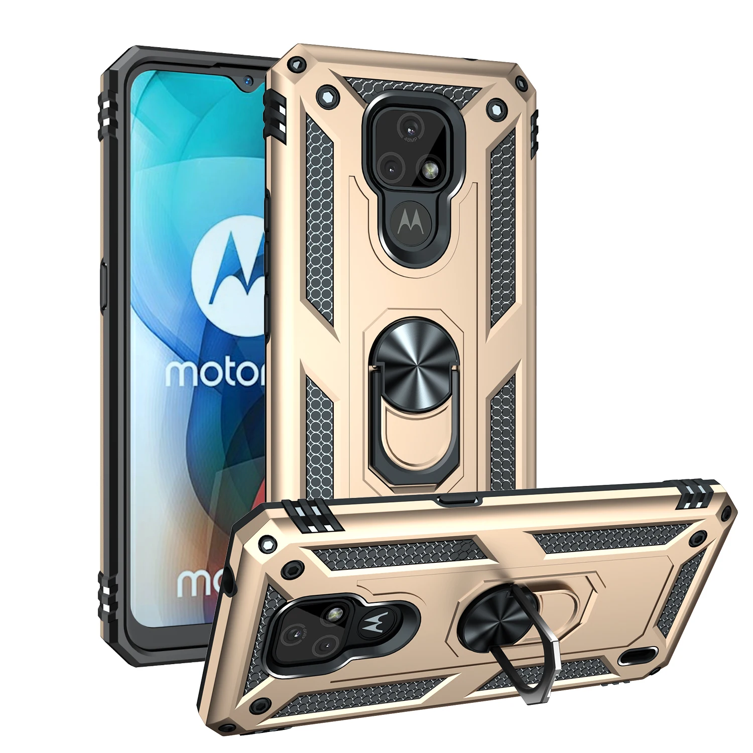 

Phone Case For Motorola E7 Power 2021 Plus E6S E 2020 E5 Play Z4 E6 Luxury Shockproof Armor With Ring Kickstand Protection Cover