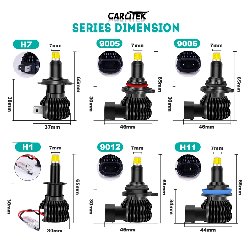 

Carlitek H11 LED Headlights H1 H7 9012 HIR2 H8 H9 9005 9006 HB3 HB4 18000LM 360 Degree CSP Chips Fanless Fog Light Plug&Play 12V