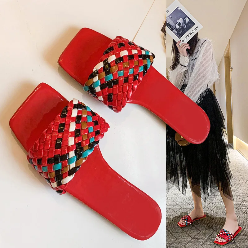 

2021 Summer Plus Size Women Slippers Fashion Flat Slides Shoes for Women One-word Braided Belt for Outer Wear Slipper Women