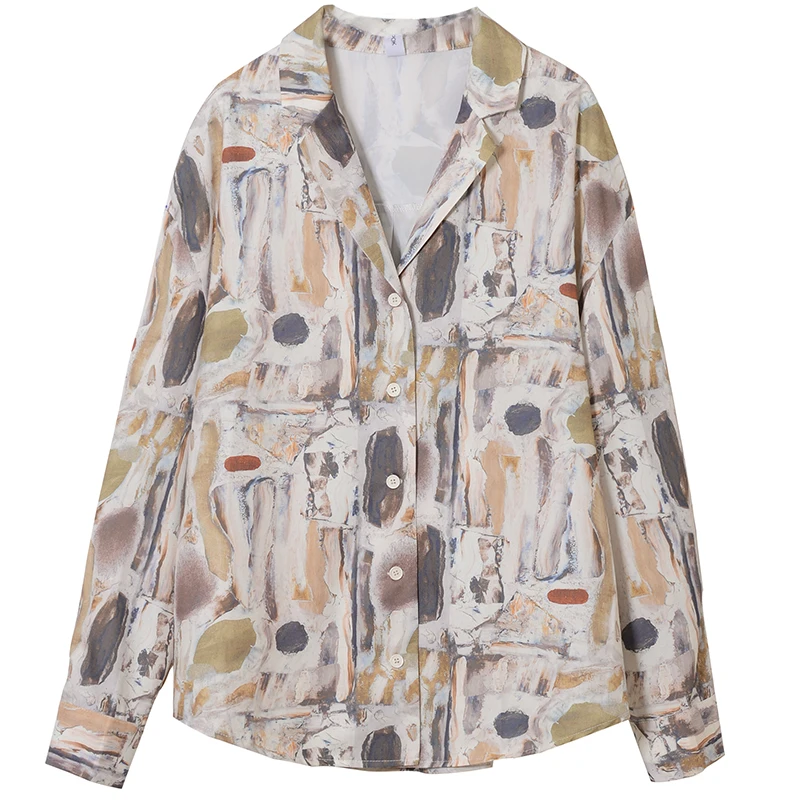 Блузка Женская Осенняя Винтажная с принтом и воротником-стойкой | одежда