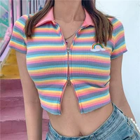 summer y2k rainbow pink strips cute butterfly print slim crop top pink contrast striped short sleeve women t shirt streetwear