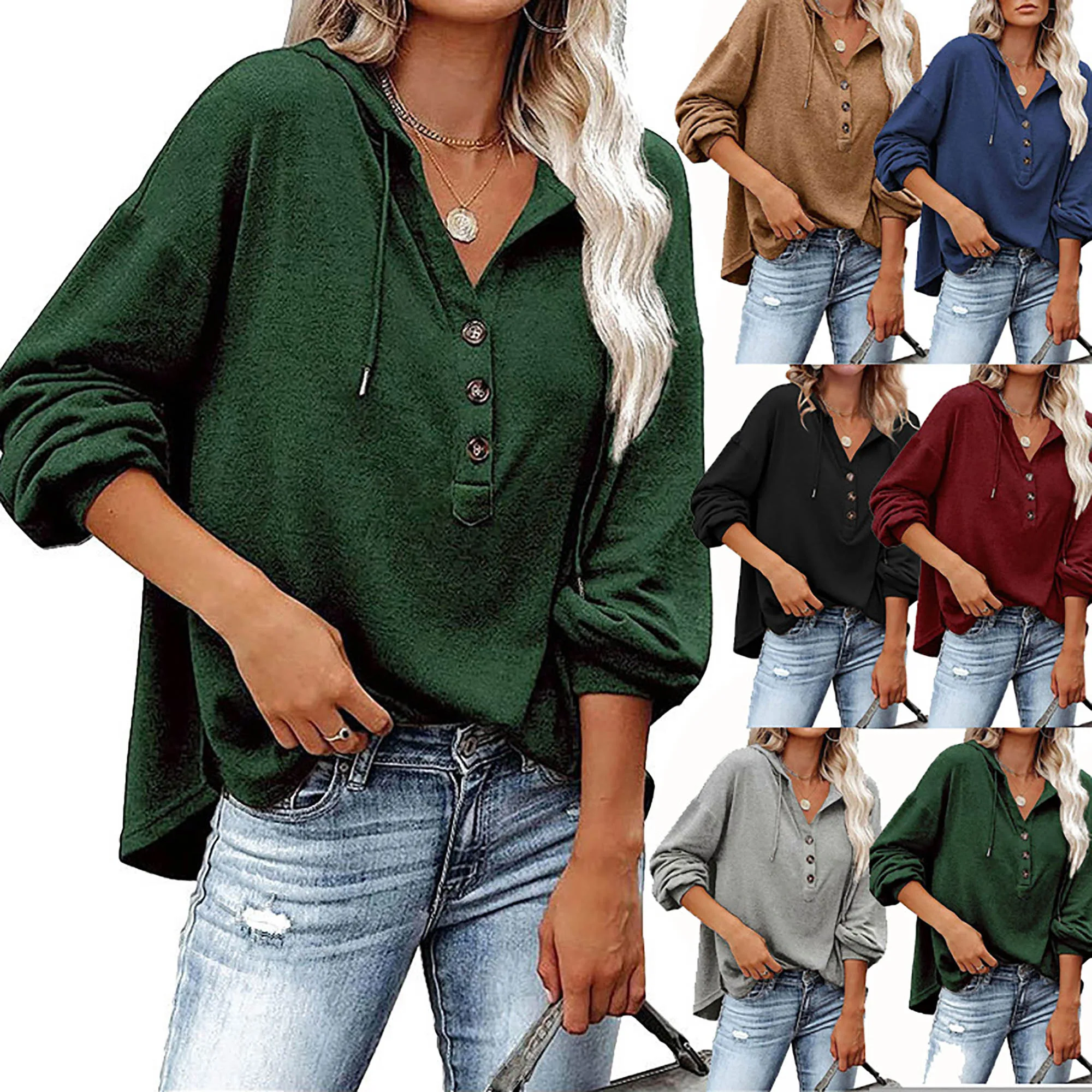 

Women Spring Autumn Cotton Blouse Sports Hoodie Solid Color V Neck Button Retro Batwing Long Sleeve Hooded Top Casual Sweatshirt