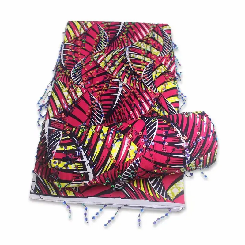 

High Quality Red Shine Sequins African Wax Guaranteed Real Print Cotton Ankara Tissu Ghana Fabric for Party Dress 6yards Y117-31