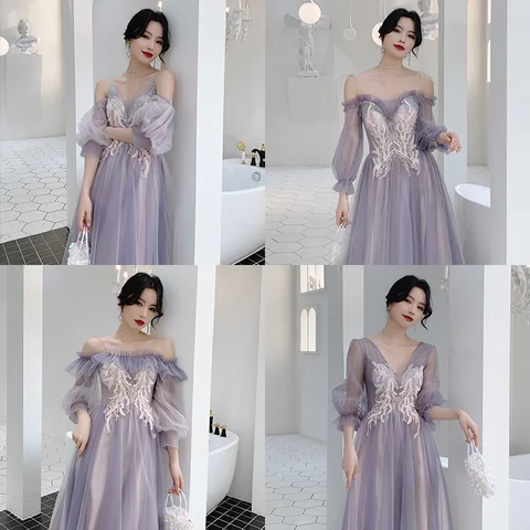 New Purple Bridesmaid Party Dresses 2021 Long Elegant Tulle With Sleeves A-line Mismatched Prom dress Formal Party Wedding