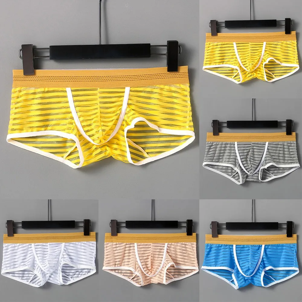

Striped Boxer Shorts Mens Sexy Nylon See Through U Convex Pouch Underwear Briefs Mesh Transparent Underpant Panties Мужские