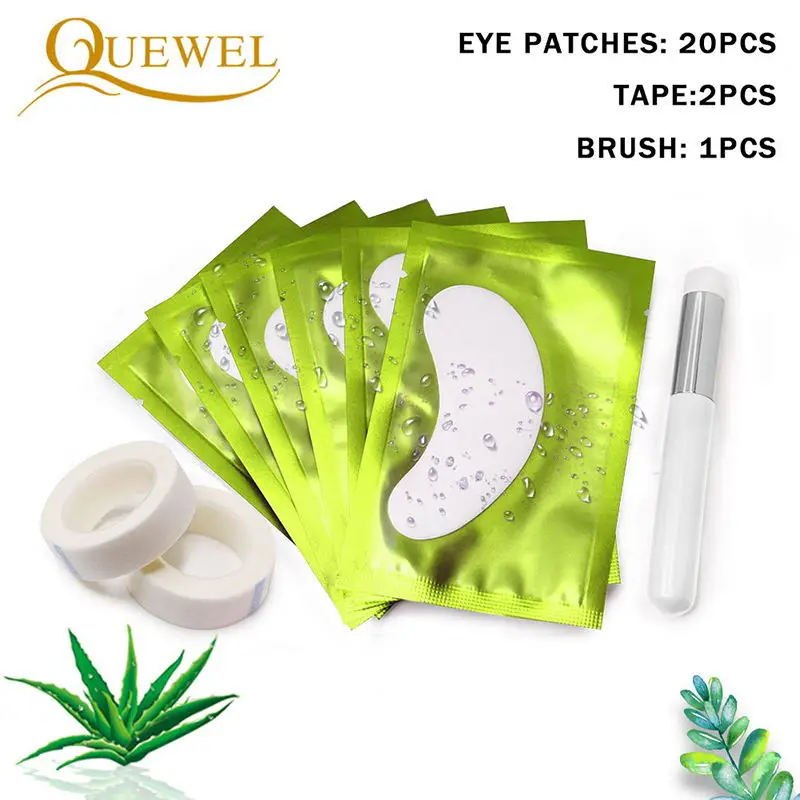 Quewel Eyelash Extension Practice Eye Patches Set Disposable Eye Gel Patch lashes Extension Eye Tape Cleaning Brush Makeup Tool - Цвет: Green Patches 20pcs