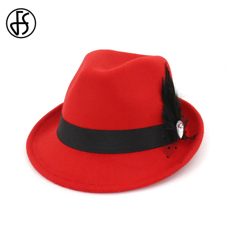 FS зима осень Fedora Шляпа черная для женщин мужчин боулинг, джаз шляпы сомбреро Mujer Трилби кепки свернутые короткие полями с перьевой лентой