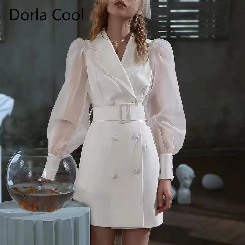 

New Designer Women Notched Collar Dress Double Breasted Office Lady's Dresses Long Lantern Mesh Sleeves Spring Party Vestidos