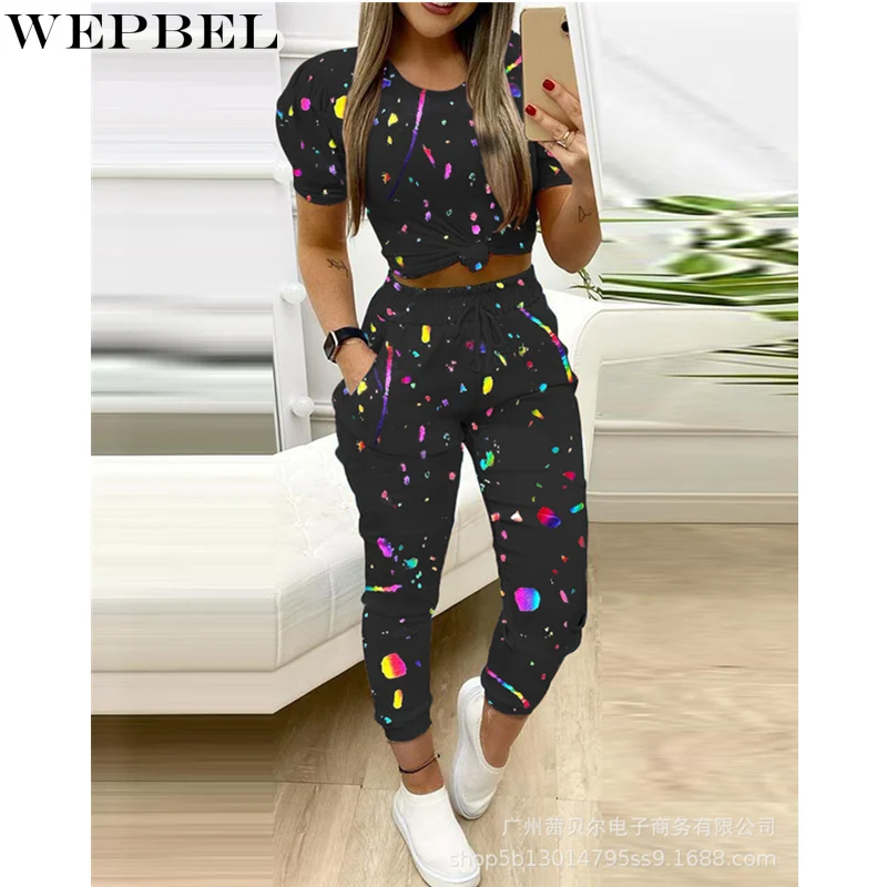 

Женский спортивный костюм из двух предметов WEPBEL, летний модный короткий топ с рукавами-фонариками и брюки на завязках с карманами