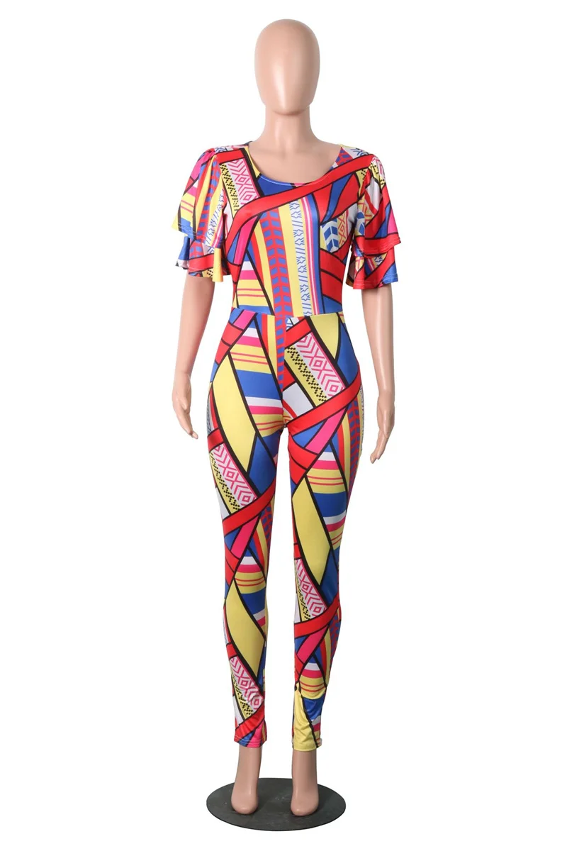 

Jumpsuit Women Elastic Casual Rompers Ruffle Short Sleeve Skinny Summer Outfit O Neck Stretch Leotard Long Pants Print Bodysuit
