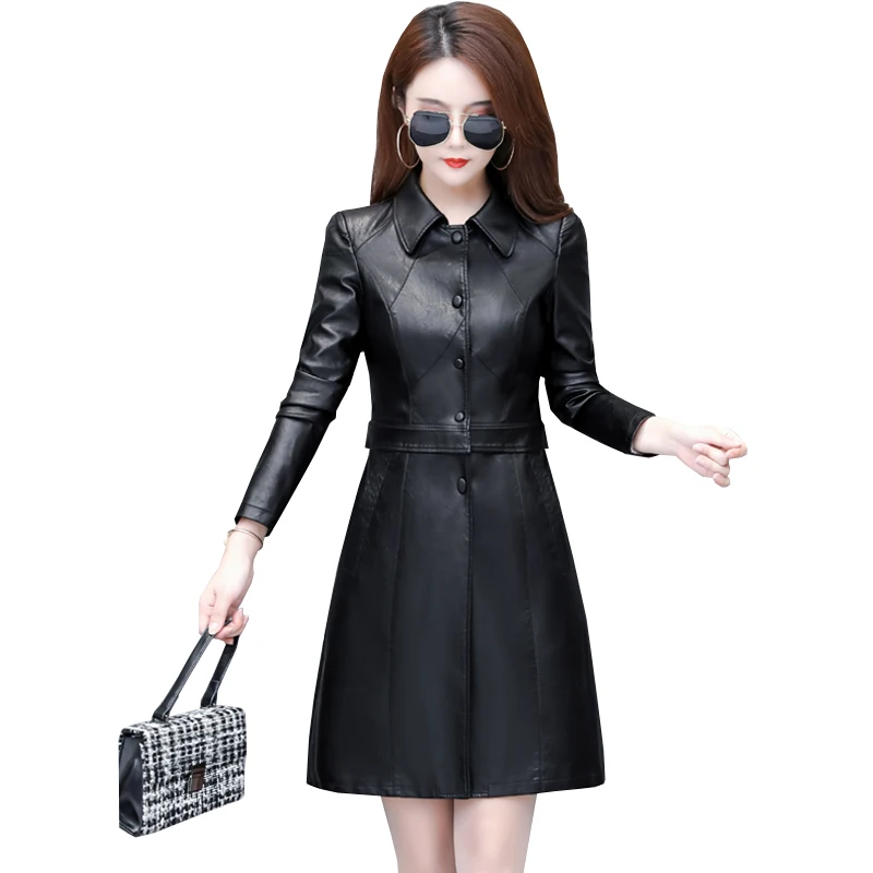 

JCHB 2021 Autumn New Spring Leather Coat Women's Mid-length leather windbreaker two-wear Korean style jacket large size