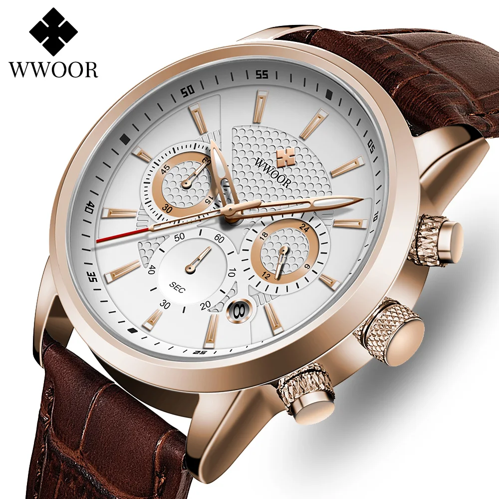 

WWOOR Watches Mens 2022 Top Brand Luxury Leather Quartz Wristwatch Male Waterproof Date Clock Sports Chronograph Relojes Hombre