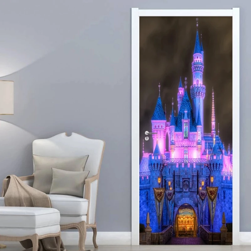 

Детская дверная наклейка для спальни 3D освещение Ночной пейзаж сказка замок Настенные обои Рождественский домашний дверной постер ПВХ нак...