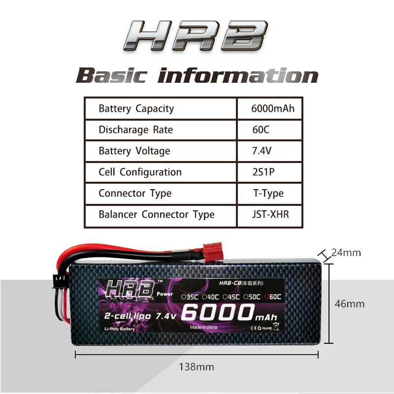 2 шт HRB RC Lipo 2S 7 4 V Аккумулятор 6000mAh 60C MAX 120C Жесткий Чехол для Traxxas 1/10 масштаб