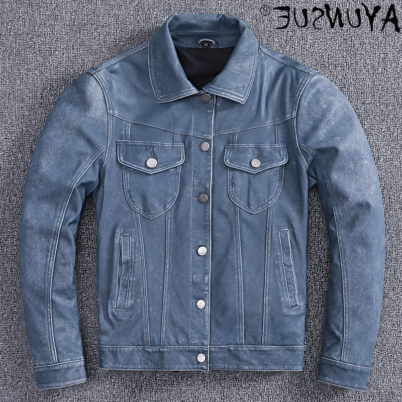 

Sheepskin Genuine Leather Jacket Men Autumn Jackets Mens Retro Blue Denim Style Coat Male Short Clothes Veste LXR1050