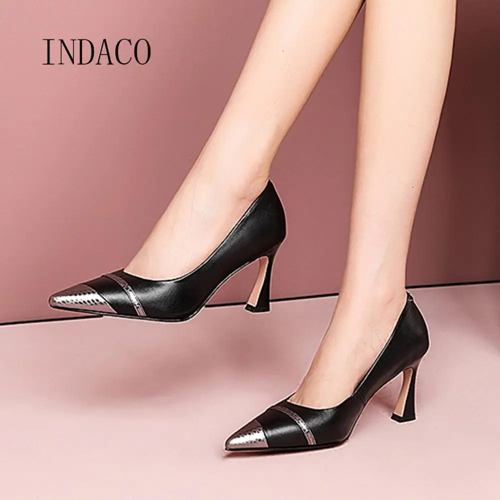 

Genuine Leather Women Shoes High Heels Pointed Toe Patchwork Women Heels Party Shoes White Plus size 40