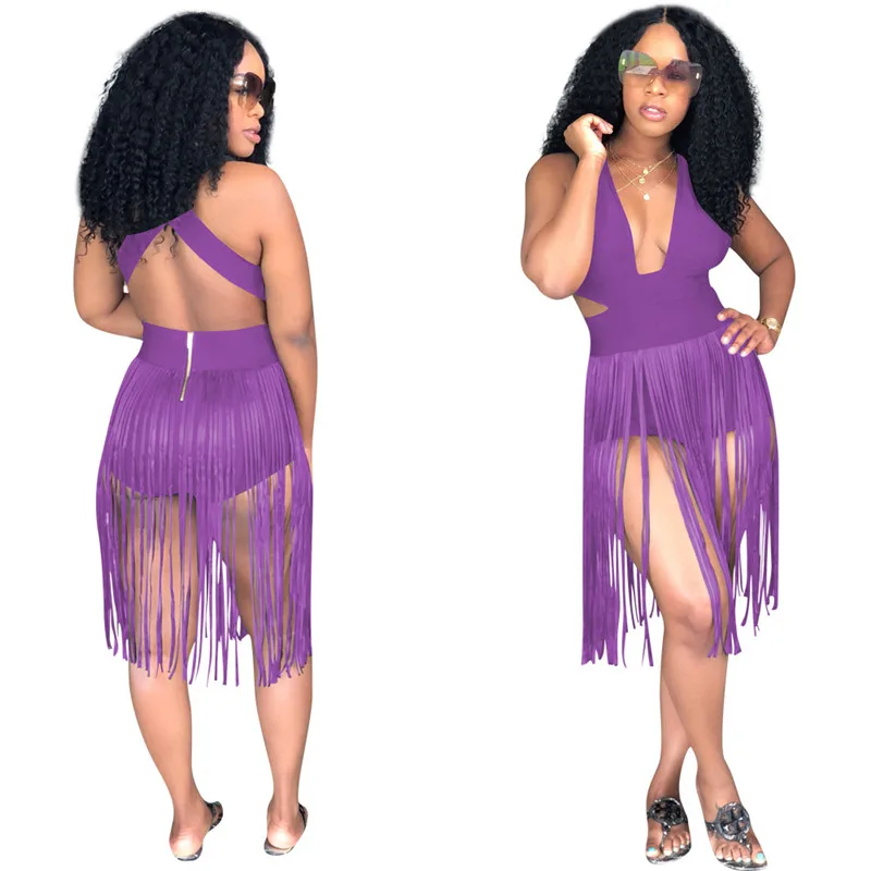 

Women Halter V-neck Bikini Playsuit Sleeveless Tassel Spliced Beach Bodysuits Summer Hollow Out Night Club Playsuit 2020