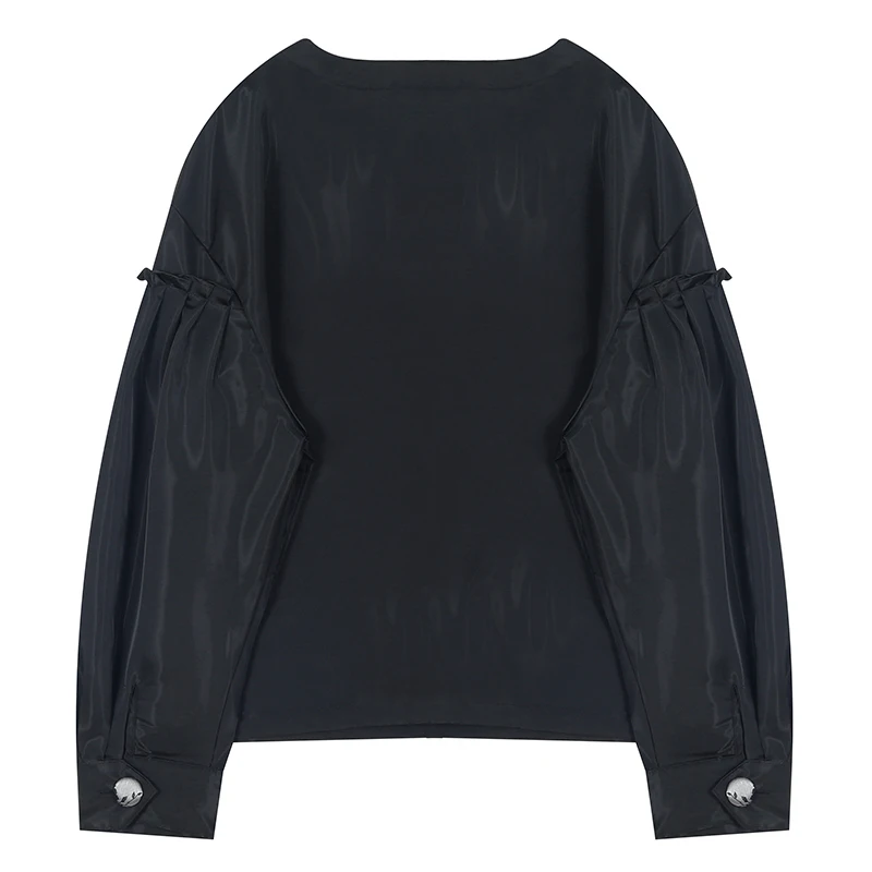 

CHICEVER Black Shirts For Women Square Collar Puff Long Sleeve Patchwork Appliques Hit Color High Street Blouse Female 2021 Tide