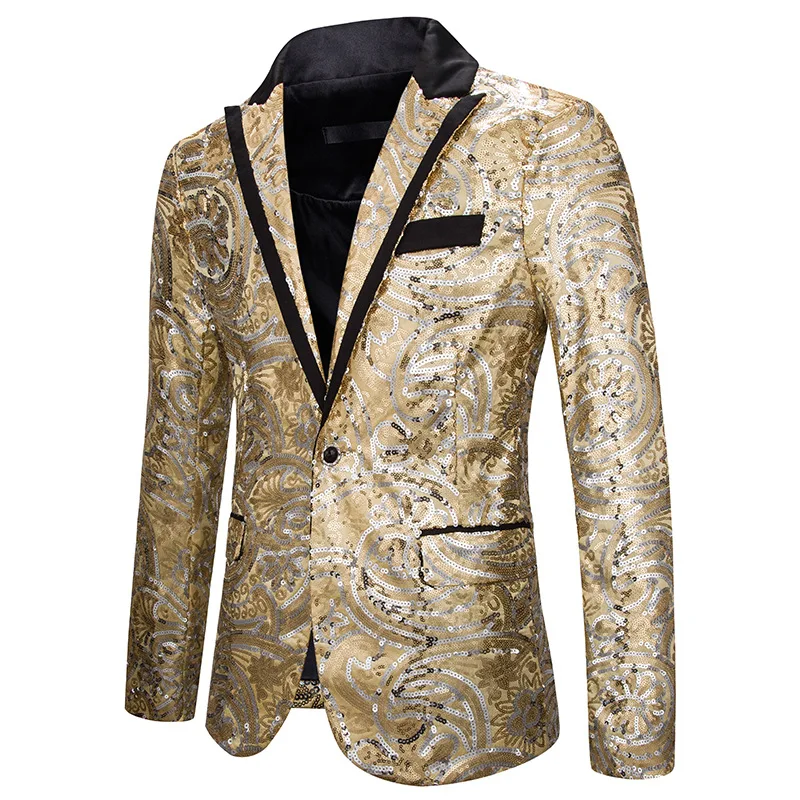 

Unique Design Male Sequin Flower Pattern Party Slim Fit Suits Casual Fashion Men's Nightclub Style Banquet Dancing Blazer Jacket