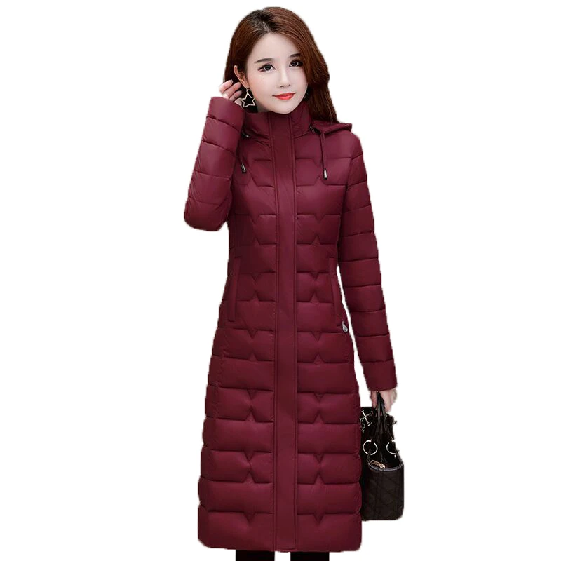 

2021 Новая женская тонкая длинная куртка, толстая зимняя парка, офисная одежда, теплое хлопковое пальто с капюшоном, женская верхняя одежда