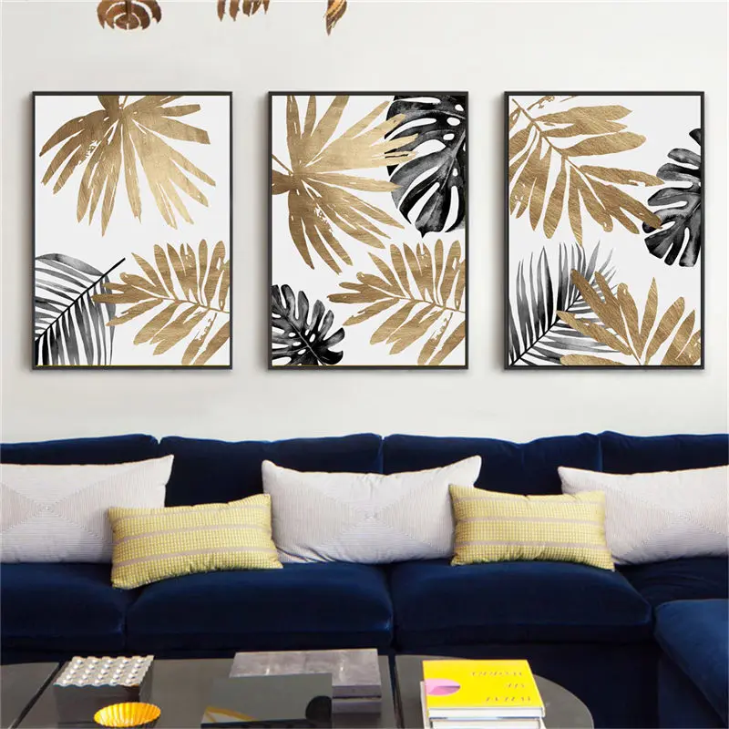 Скандинавский настенный художественный холст с золотыми листьями 3 панели