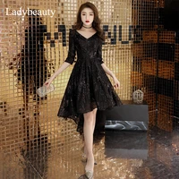 ladybeauty new black back zipper short dress high low lace sequins elegant prom gown dancing party dresses