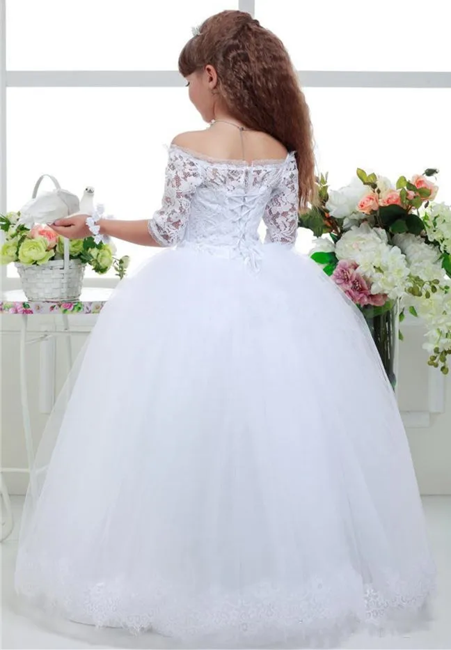 

Sweety Long White Lace Ball Gown Flower Girls Dresses Half Sleeve Kids Wedding Party Dress First Communion Dresses For Girls