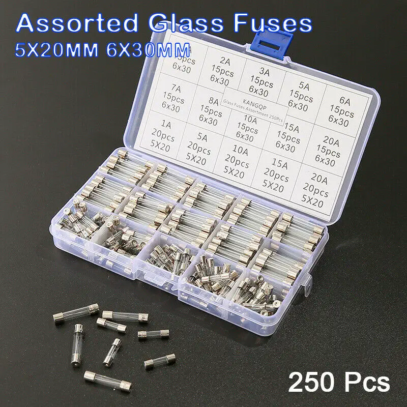 

250x Assorted Glass Fuses 5x20mm 6x30mm Box Fuse Quick Blow Fast Acting Tube Kit
