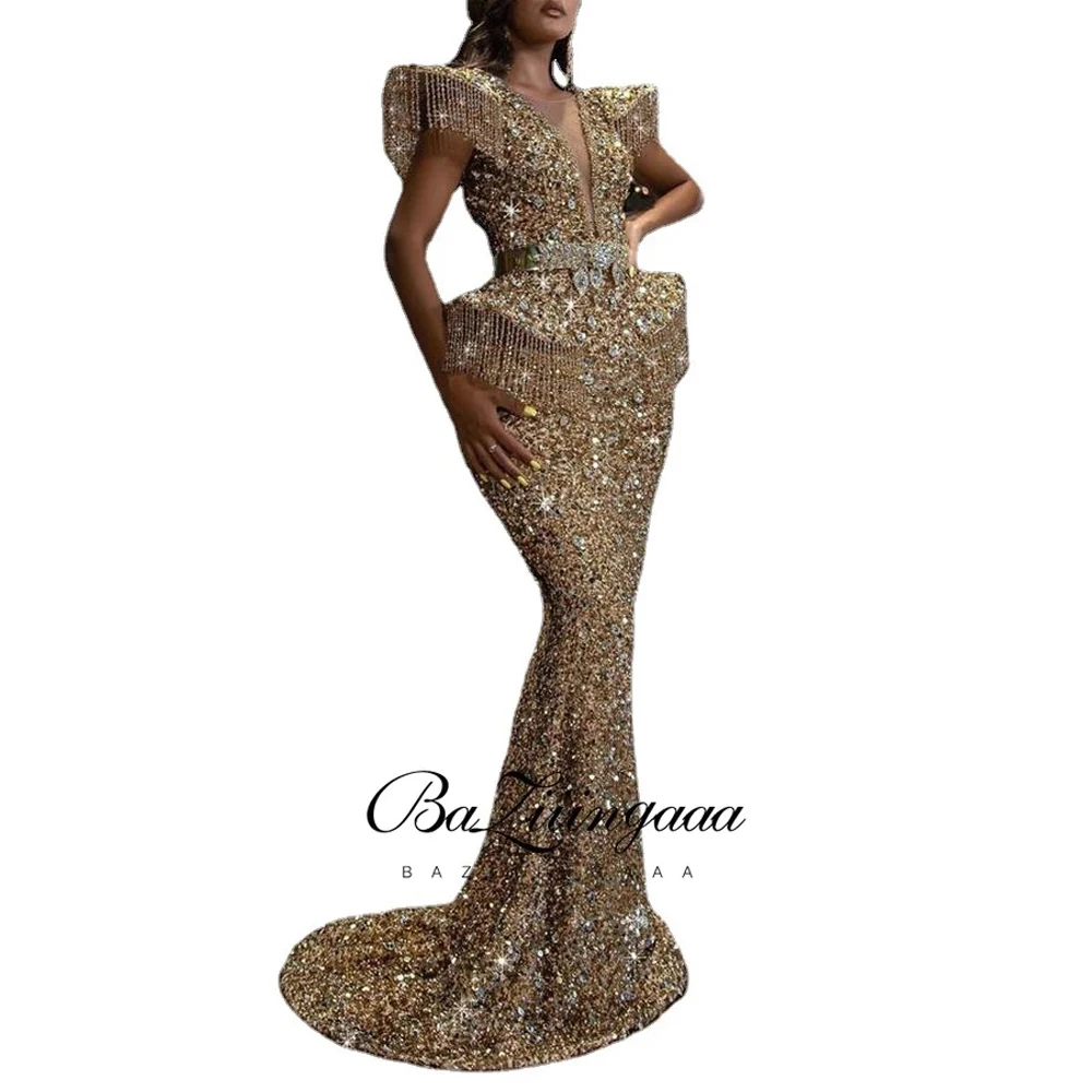 

BAZIIINGAAA Dubai Luxury Party Elegant Woman Gold Evening Gown Tassel Long Sequin Mermaid Evening Dresses 2021 Formal Partie