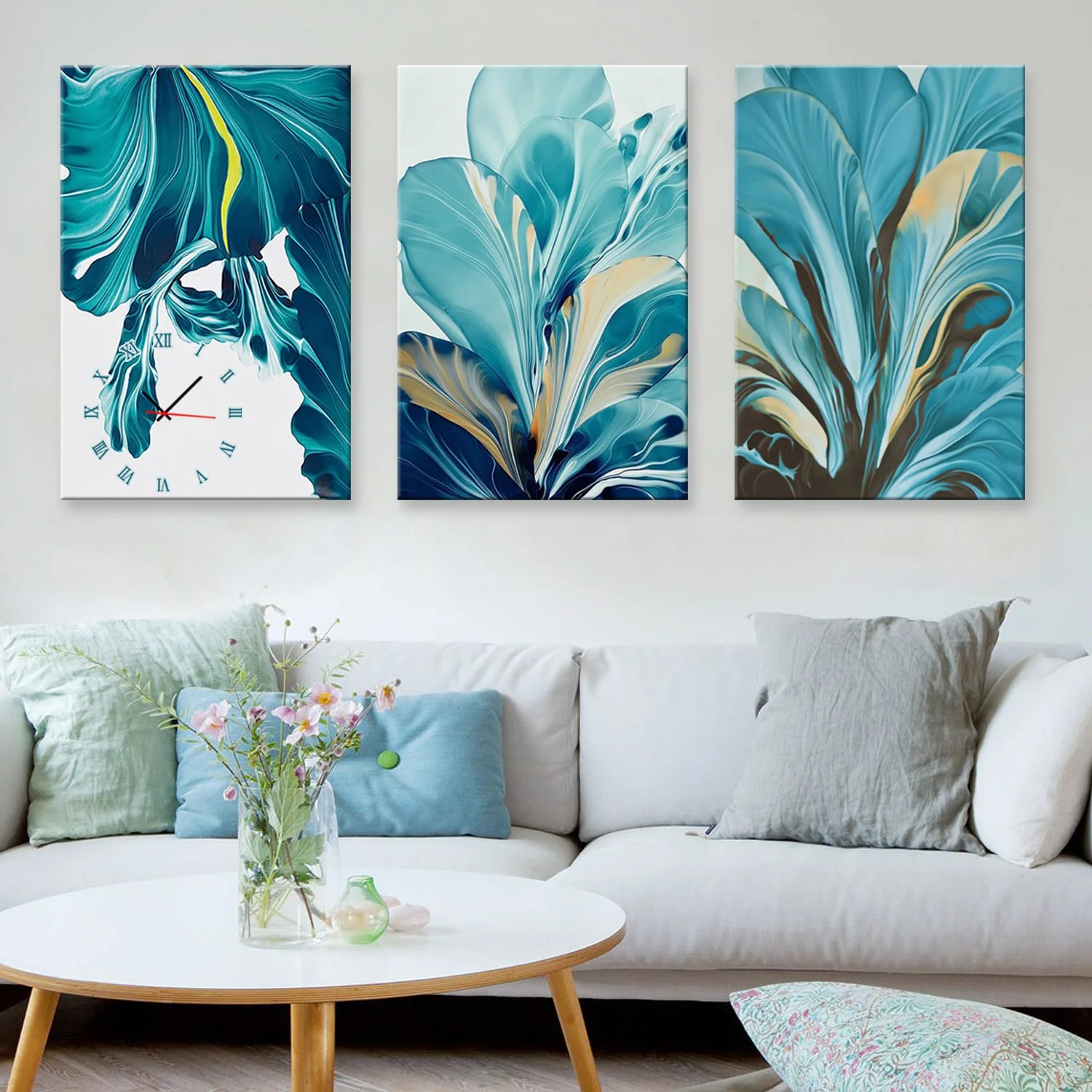 

E-HOME Blue Leaves Clock in Canvas 3pcs wall clock 21032524