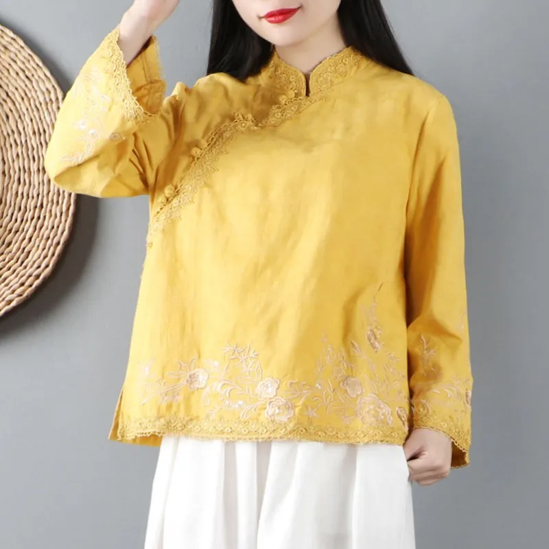 

100% Cotton Shirt Women Long Sleeve Casual Tops New 2020 Autumn Vintage Floral Embroidery High Quality Woman Blouses Shirts P969