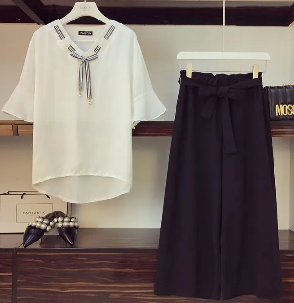 Размера плюс штаны костюм 2021 новинка Стильная летняя женская футболка с бантом