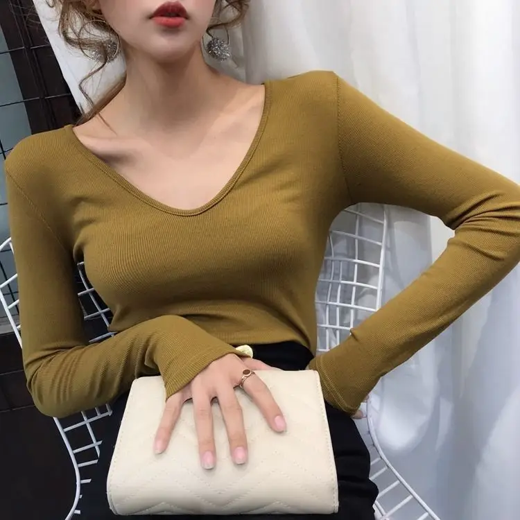 

Женская облегающая футболка из 95% хлопка с длинным рукавом, женская осенняя одежда, топ, женские футболки, кроп-топ, женские футболки