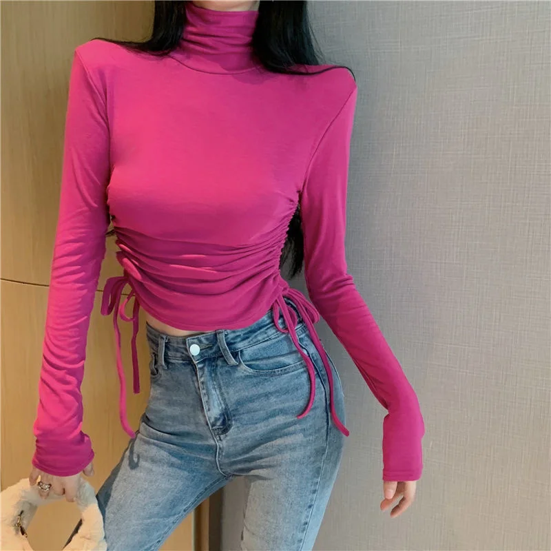 

Женская водолазка на шнуровке, облегающая футболка с высоким воротником и длинным рукавом, 2021