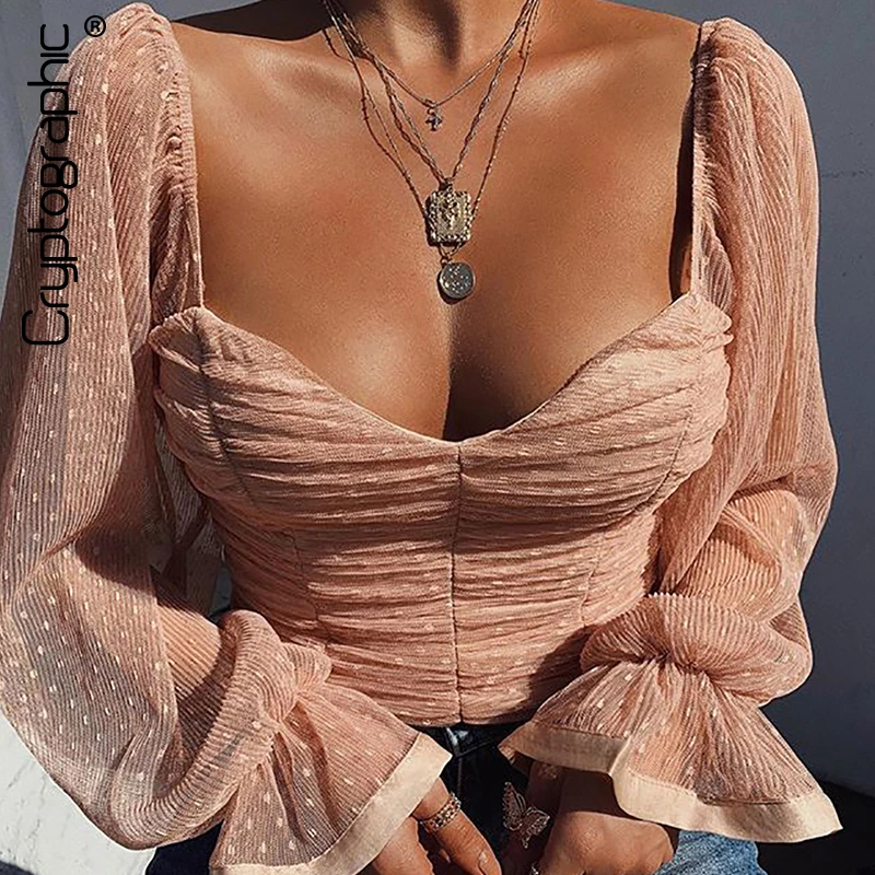 Женская Сексуальная Блузка Cryptographic с квадратным воротником и рюшами прозрачная