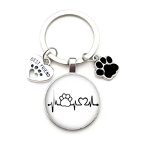 super cute love cat pet footprints dogs glass cabochon keychain bag key chain ring holder charms keychains for men women gifts