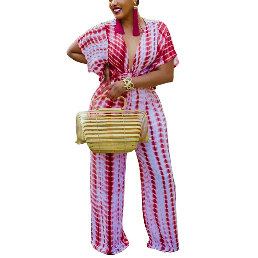 Plus Size Women Sexy Jumpsuits Red Print Deep v Neck Short Sleeve Long Pants Loose High Waist Elegant Evening Night New Jumpsuit