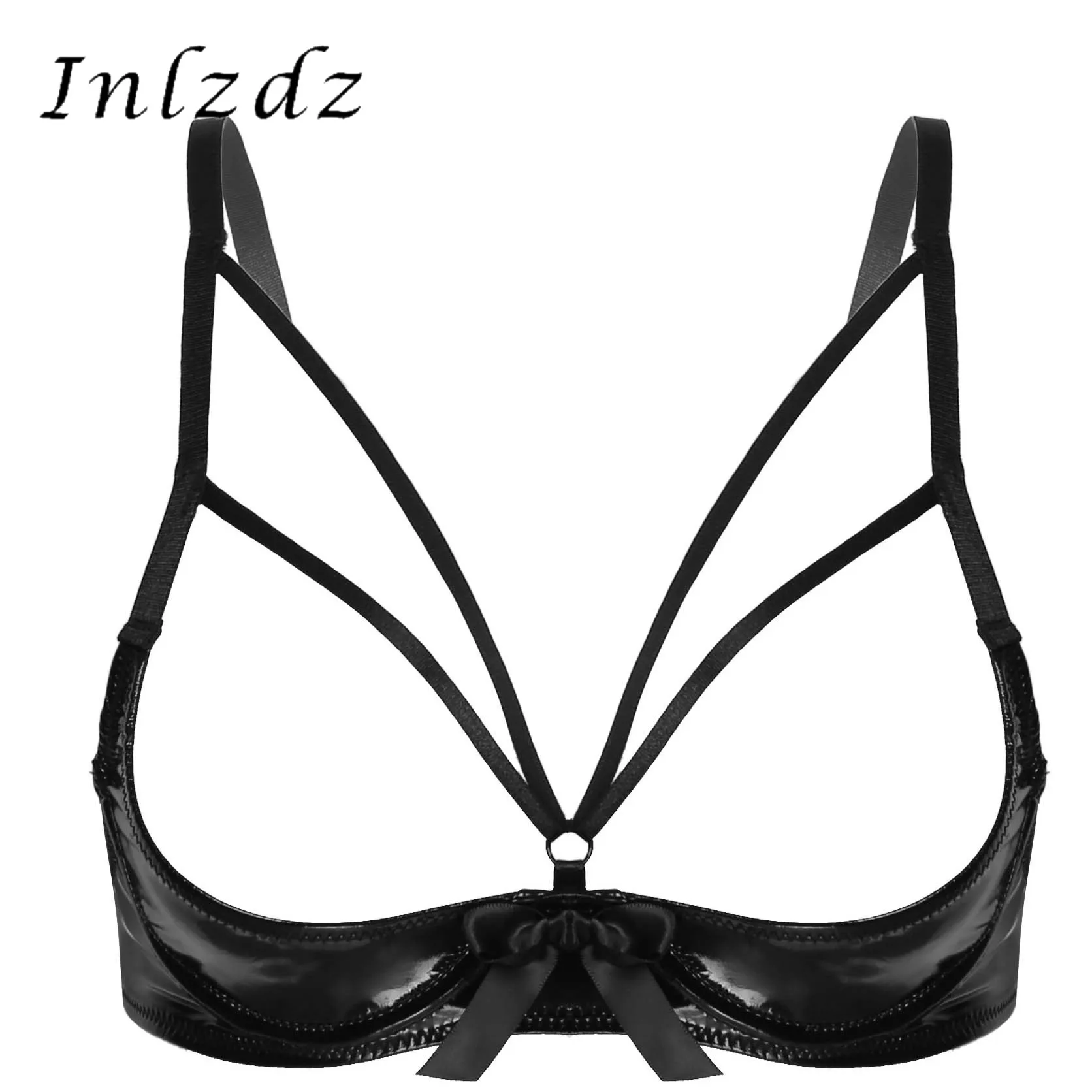 

Women Erotic Lingerie Open Cup Bra Underwear Bowknot Underwired Patent Leather Sexy Bra Tops Adjustable Shoulder Strap Brassiere