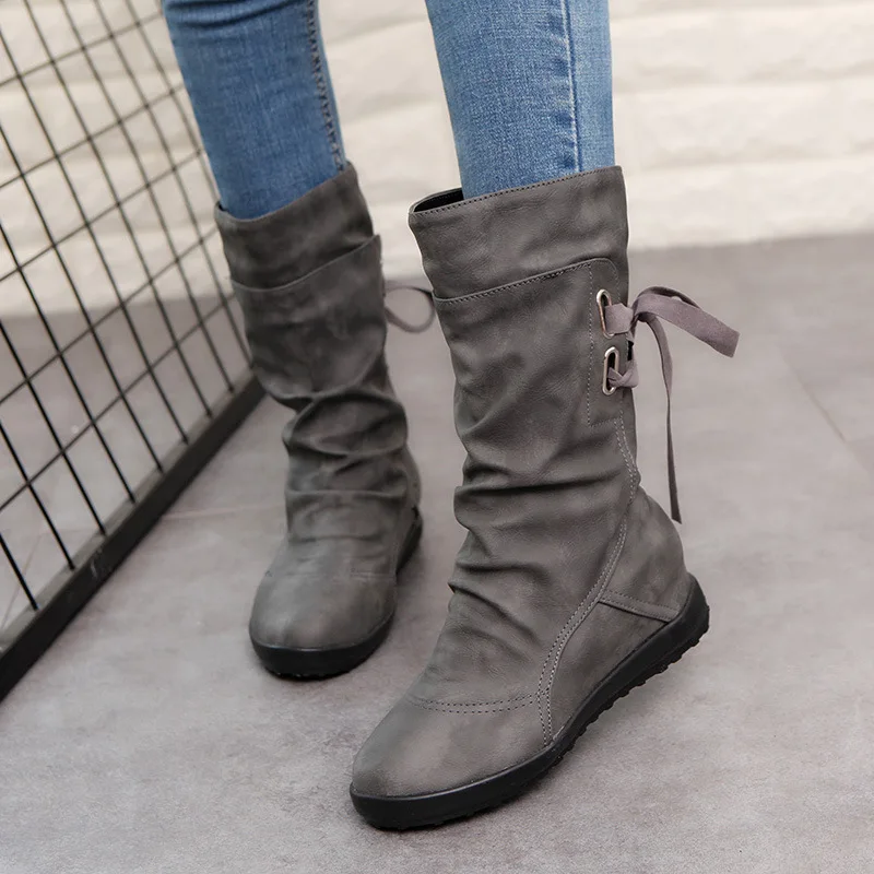 Новые модные женские ботинки до середины икры для женщин круглый носок на