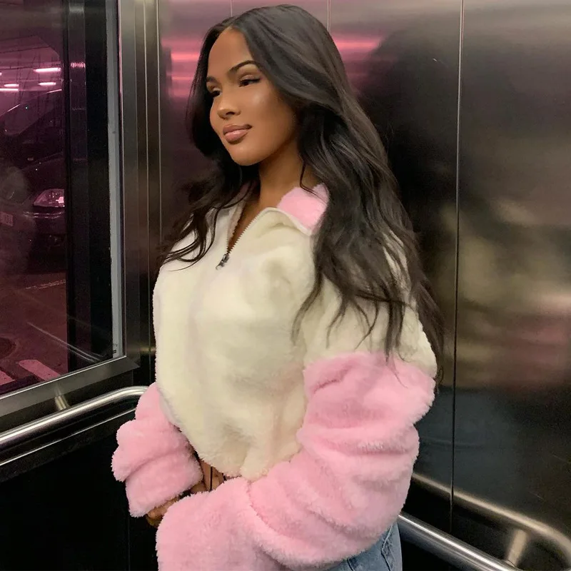 

White Pink Splicing Fashion Fuzzy Teddy Fleece Hit Casual Regular 2020 Female Women Long Sleeve All Match College Wind Hit Hot