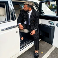 2021 black pinstripe double breasted business suits for men formal wedding tuxedo peaked lapel 2 piece male groom jacket costume