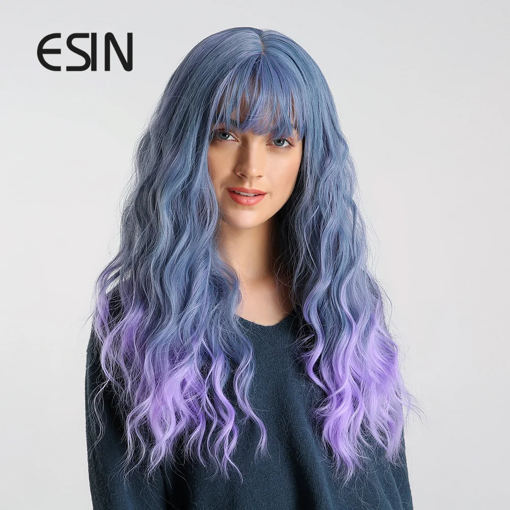 ESIN синие фиолетовые волосы омбре с челкой длинные волнистые синтетические