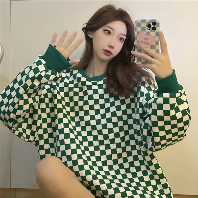 

Autumn Winter Style Checkerboard Grid Printing Women's Long-Sleeved Hoodie Loose Round Neck Plaid Pullover Splicing Casual Top