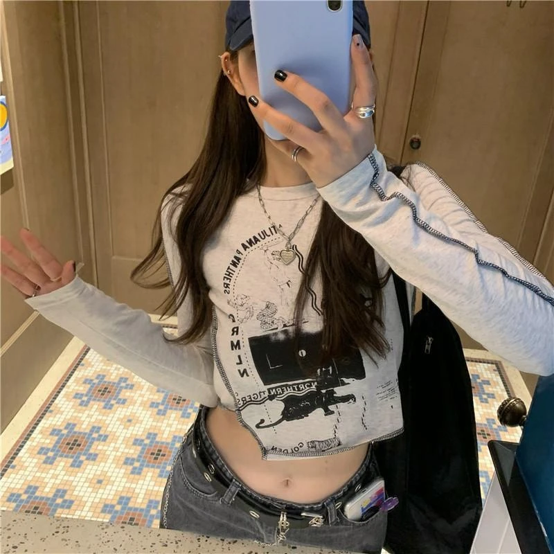

Harajuku Crop Top for Women Summer Short T Shirt Letter Print Tshirt Croptop Japanese Graphic Long Sleeve