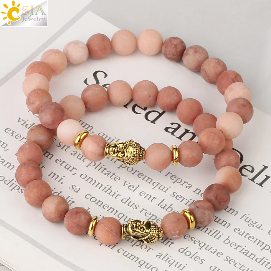 Женский браслет для йоги CSJA ярко-розовый эластичный с бусинами молитв Будды F440 |