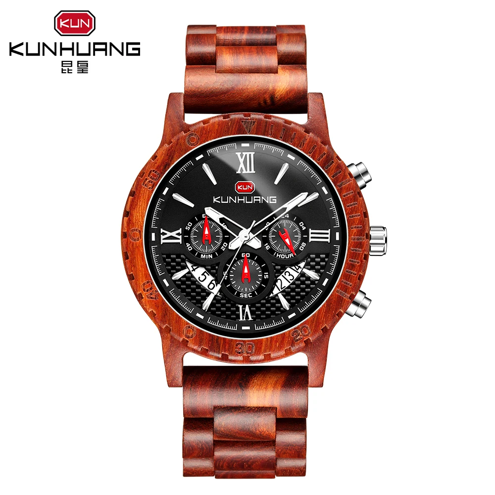 

KUNHUANG 2020 новые настраиваемые деревянные часы Роскошные кварцевые мужские часы календарь Секундомер светящиеся стрелки Montre Femme 1014